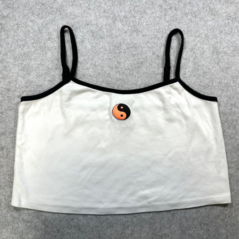 DIVIDED by H&M White Yin & Yang Cropped Jersey Tank Top Adjustable Black Straps